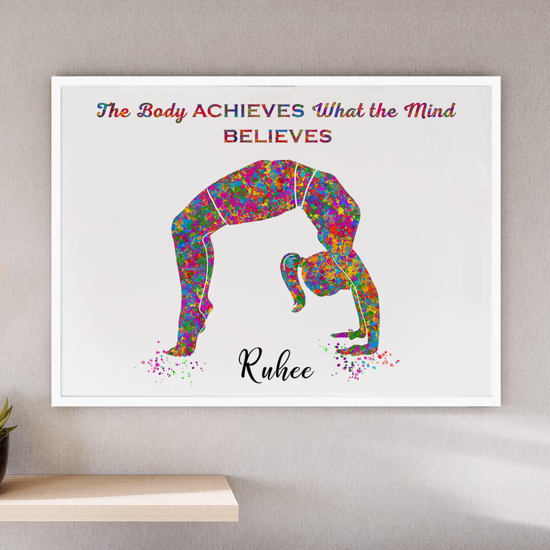 Inspirational Yoga Backbend Pose girl wall art white frame