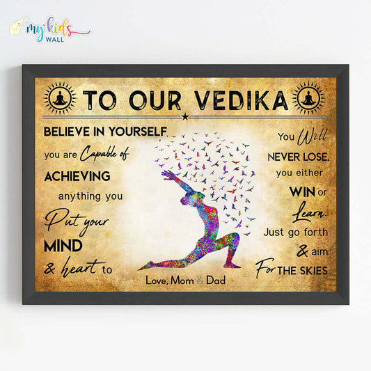 Motivational Yoga warrior pose girl wall art black frame