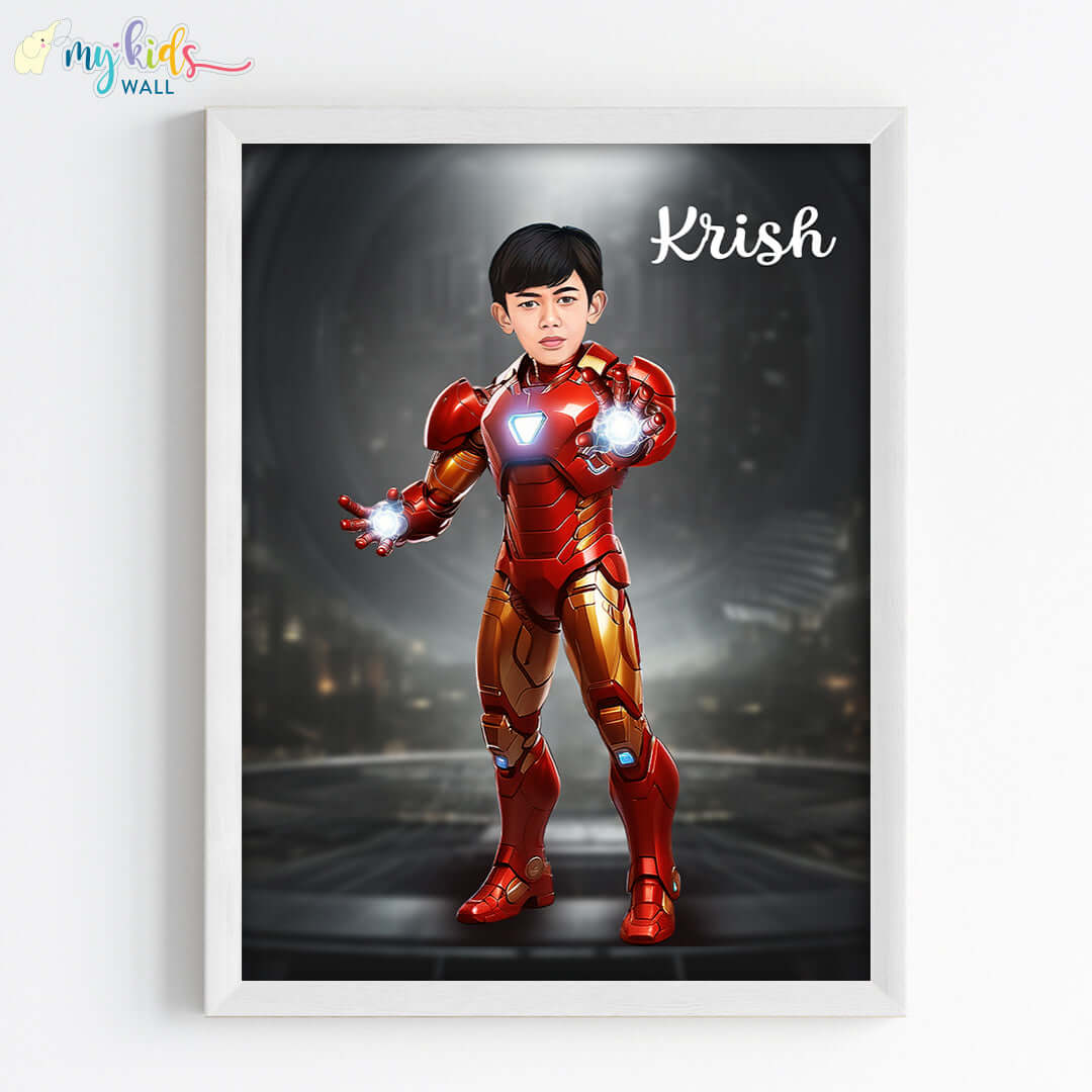 Young iron man superhero wall art white frame