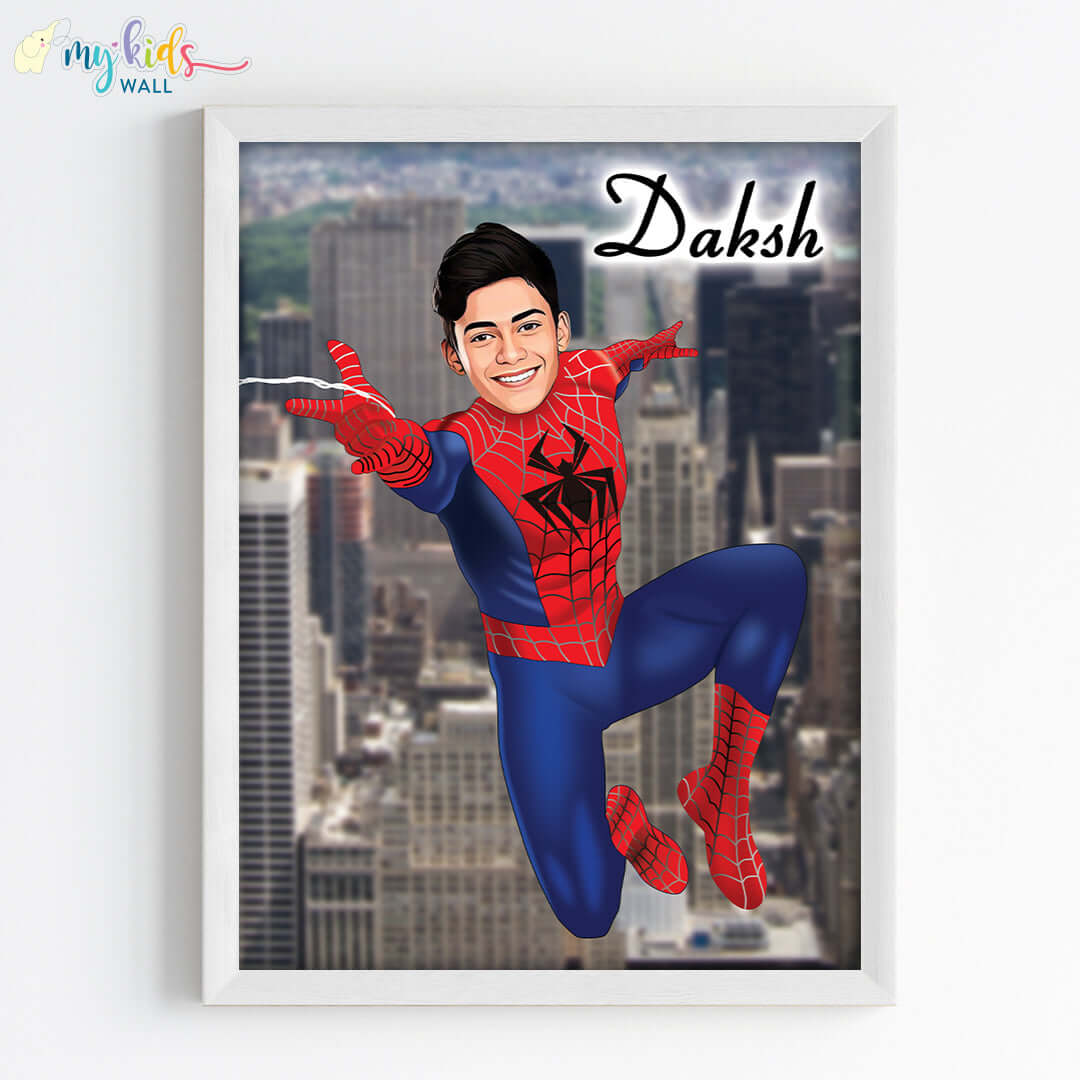 Young spiderman man superhero wall art white frame