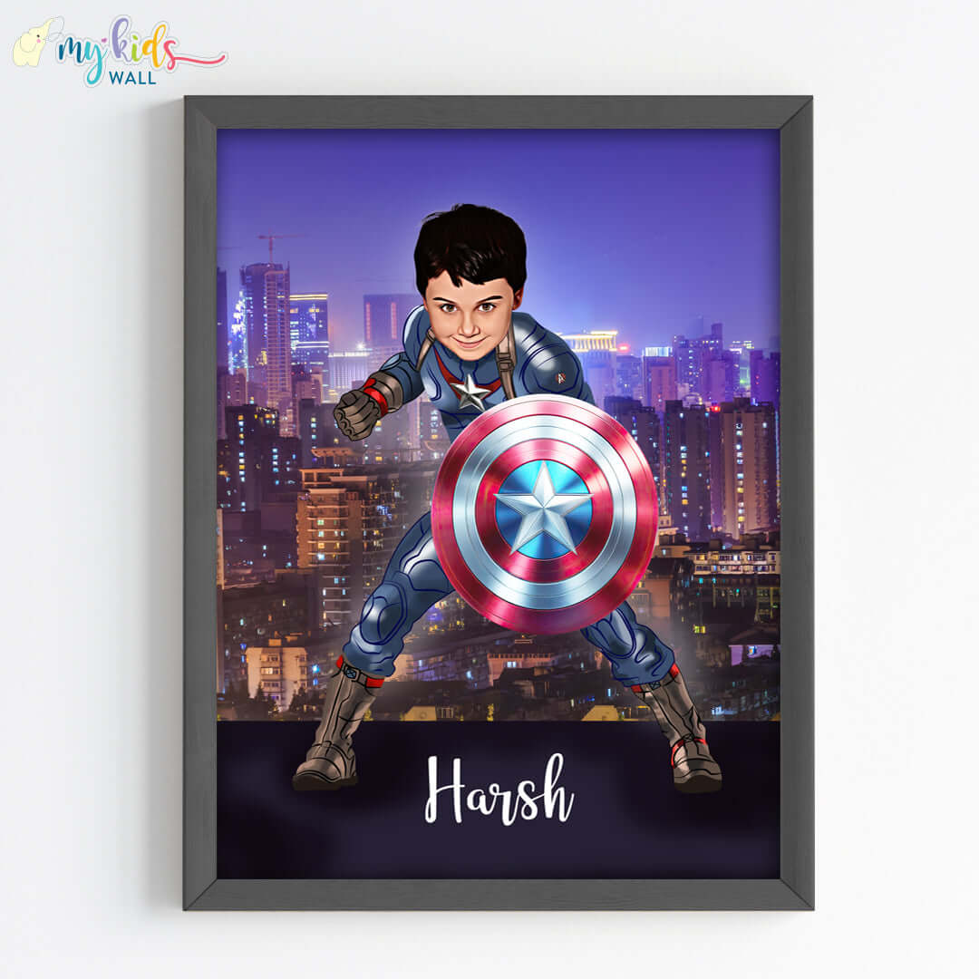 Young superhero captain america  wall art black frame