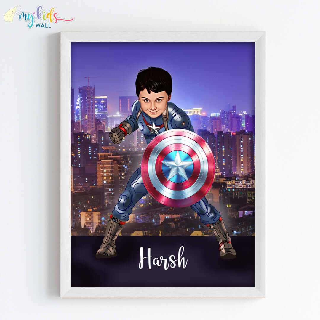 Young superhero captain america  wall art white frame