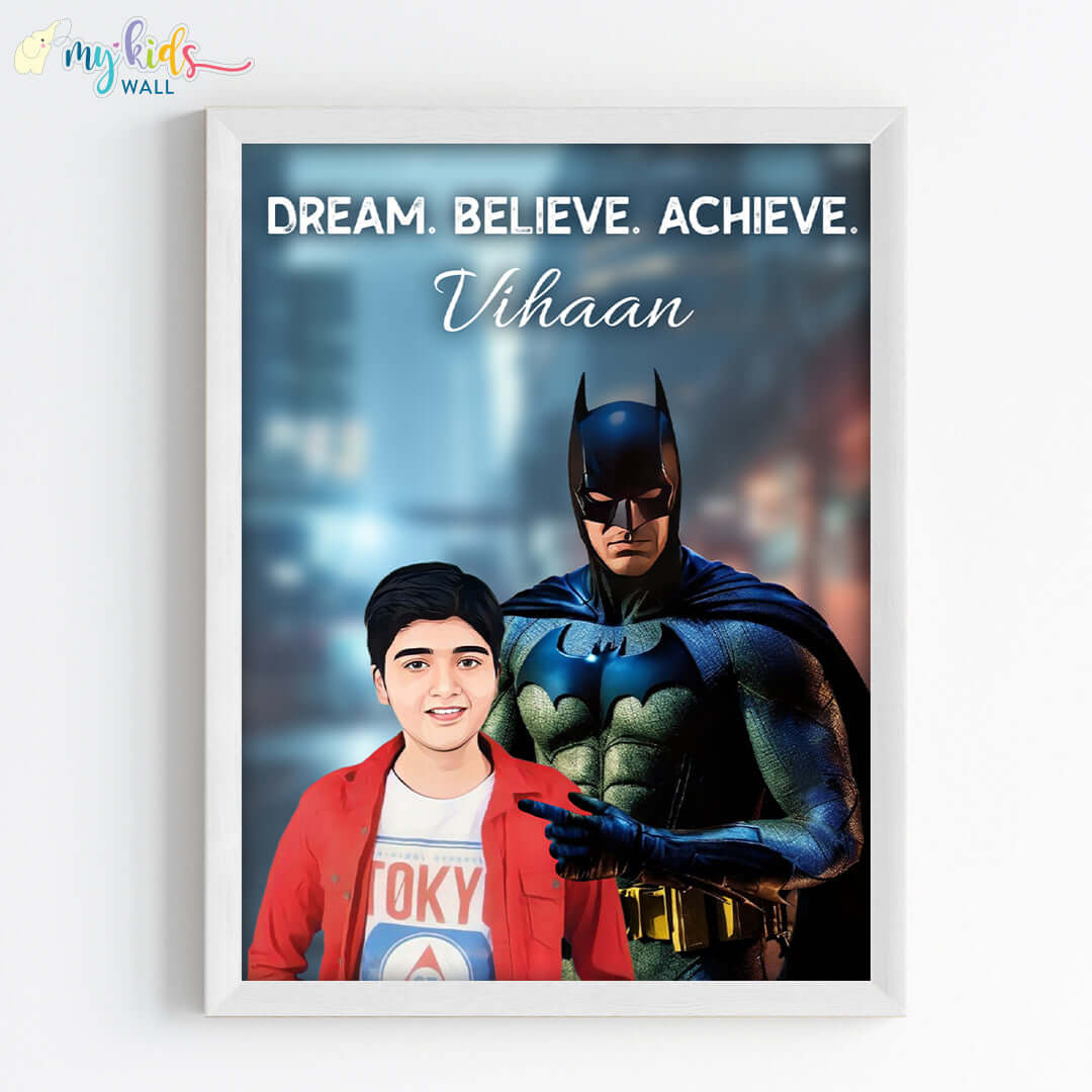 Batman portrait wall art featuring a child in white frame 