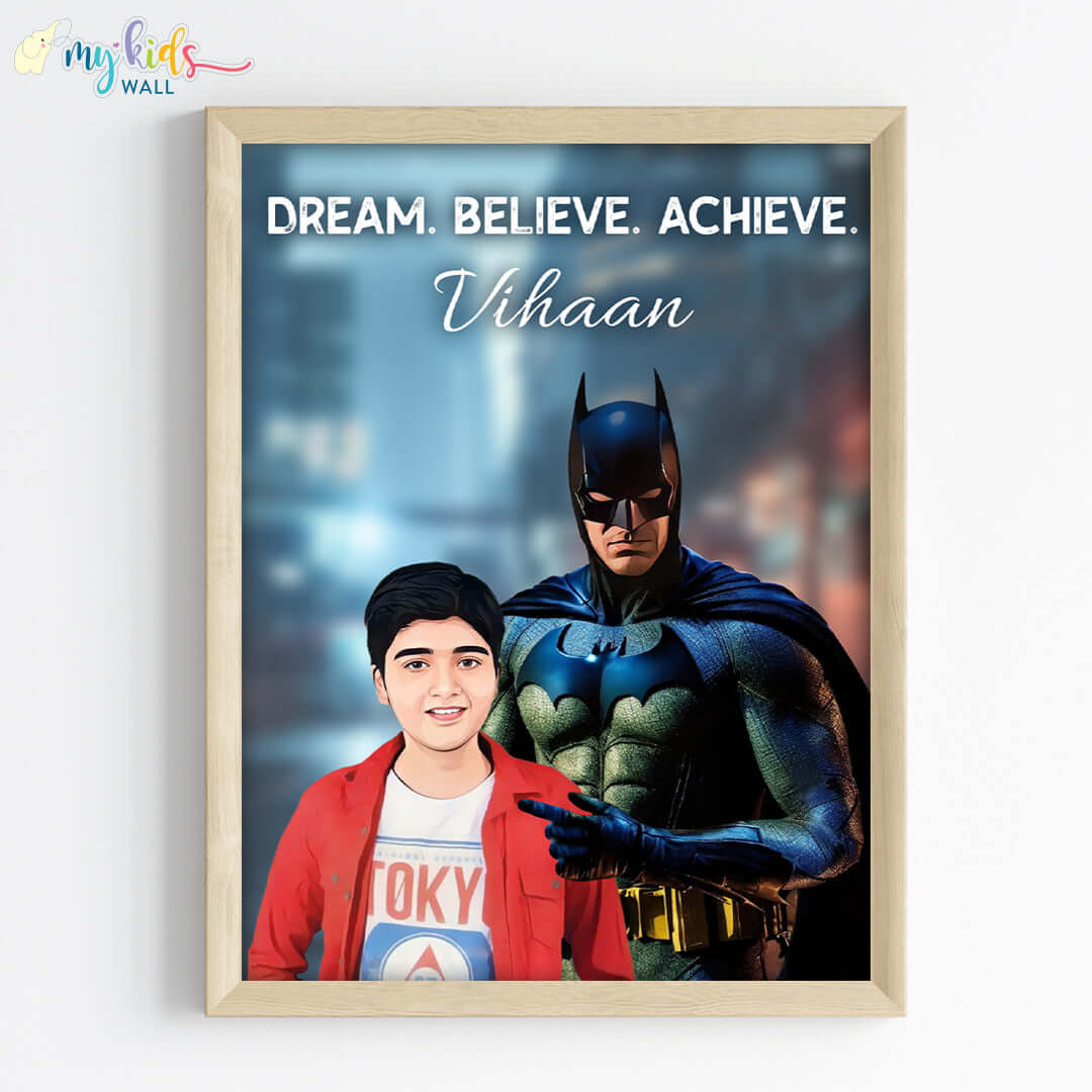 Batman portrait wall art featuring a child in wooden frame 