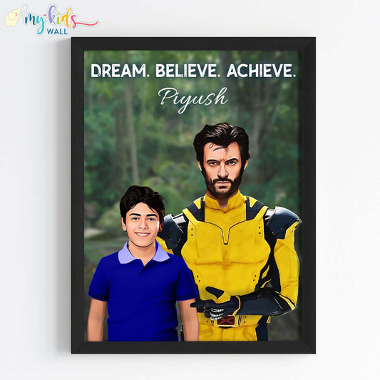 Wolverine portrait wall art featuring a child in black frame 