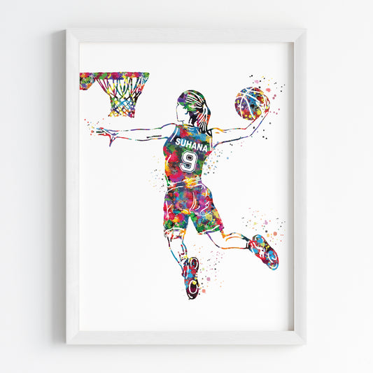 Basketball Player Girl Dunk Personalised Wall Art (Framed)