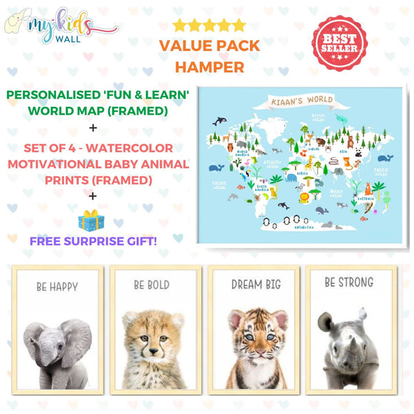 Load image into Gallery viewer, Personalised Blue World Map (Framed) + Baby Animals Motivational Prints (Framed)
