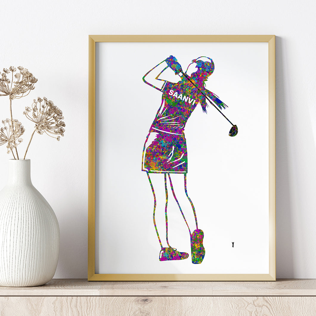 'Golfer Girl' Personalised Wall Art (Framed)