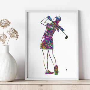 'Golfer Girl' Personalised Wall Art (Framed)