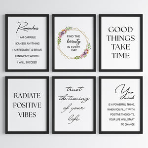 'Positive Vibes & Reminders' Wall Art (Framed Set of 6)