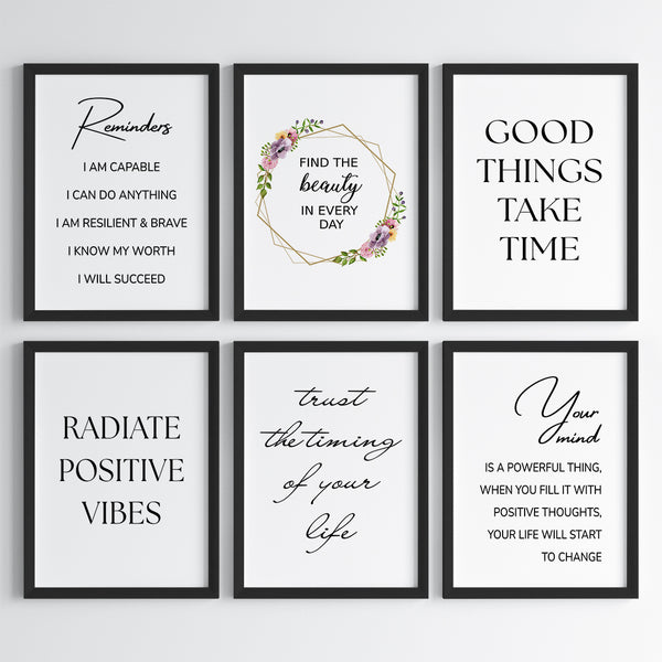 Load image into Gallery viewer, &#39;Positive Vibes &amp; Reminders&#39; Wall Art (Framed Set of 6)
