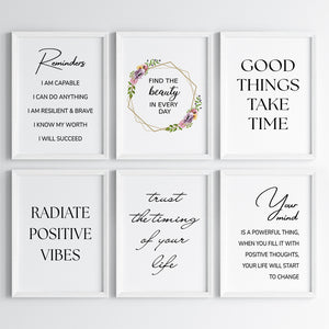 'Positive Vibes & Reminders' Wall Art (Framed Set of 6)