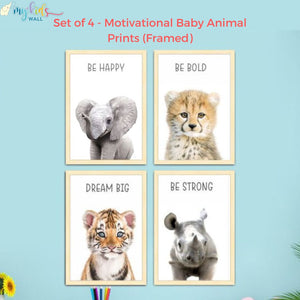 Personalised Blue World Map (Framed) + Baby Animals Motivational Prints (Framed)