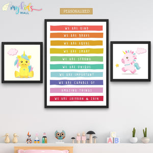 'Unicorn Positive Affirmations' Personalised Siblings Wall Art (Framed)