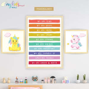 'Unicorn Positive Affirmations' Personalised Siblings Wall Art (Framed)