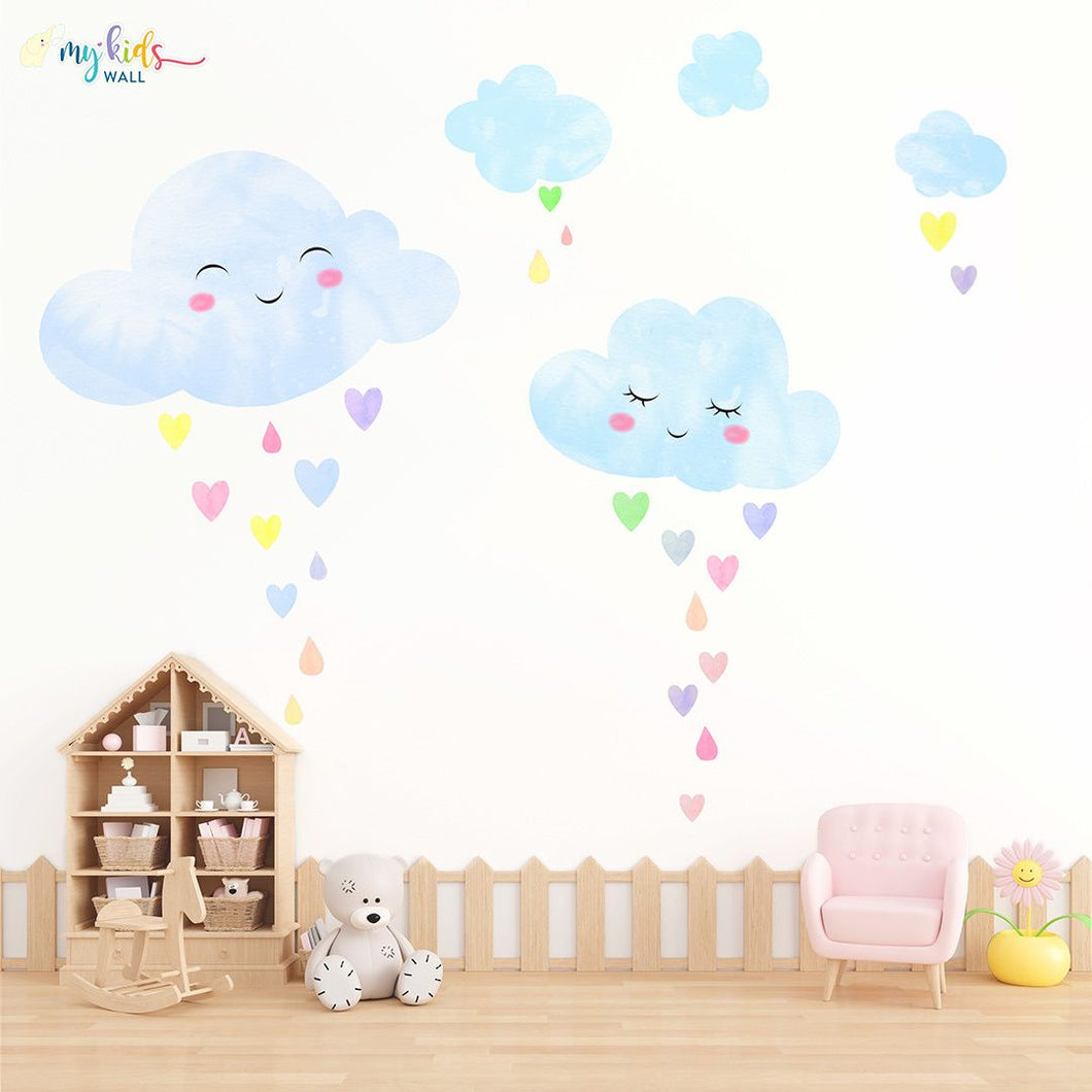 'Watercolor Clouds with Heart Rain' Wall Stickers