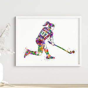 'Hockey Player' Girl Personalised Wall Art (Framed)